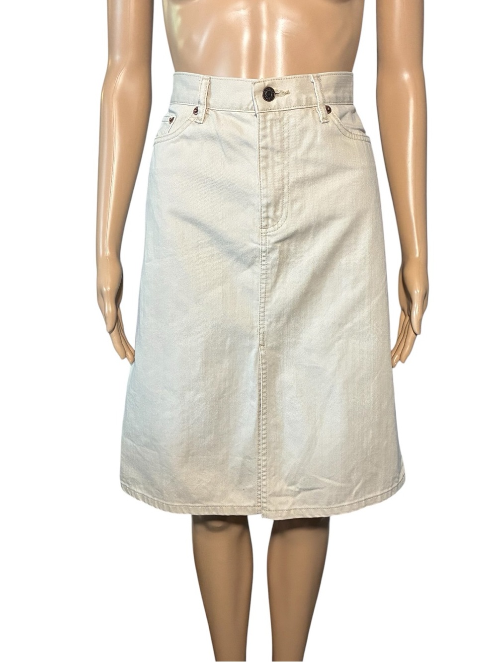 Vintage Old Navy Size8 Tan Denim Skirt – Knee Length Zip Fly 5-Pocket Front Slit